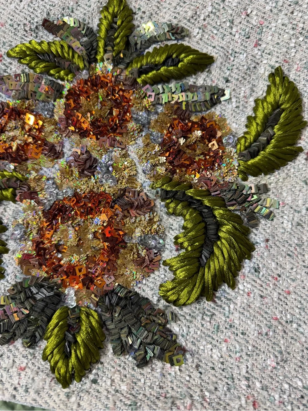 Vtg handmade Embellished Floral pillow cover in Ivory with Green Accents tweed